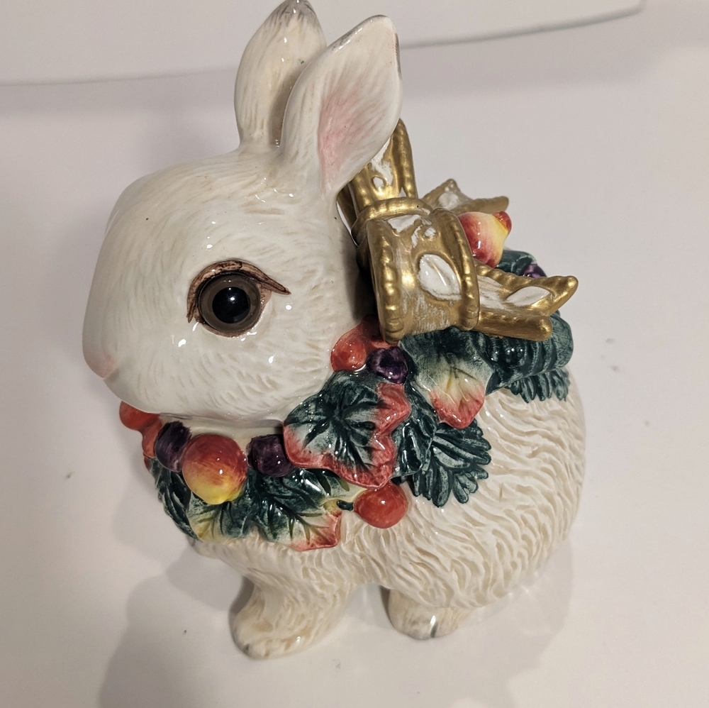 Fitz And Floyd Classics White Bunny Rabbit Trinket Dish W/Lid Gold Bow Greenery - Picture 4 of 11